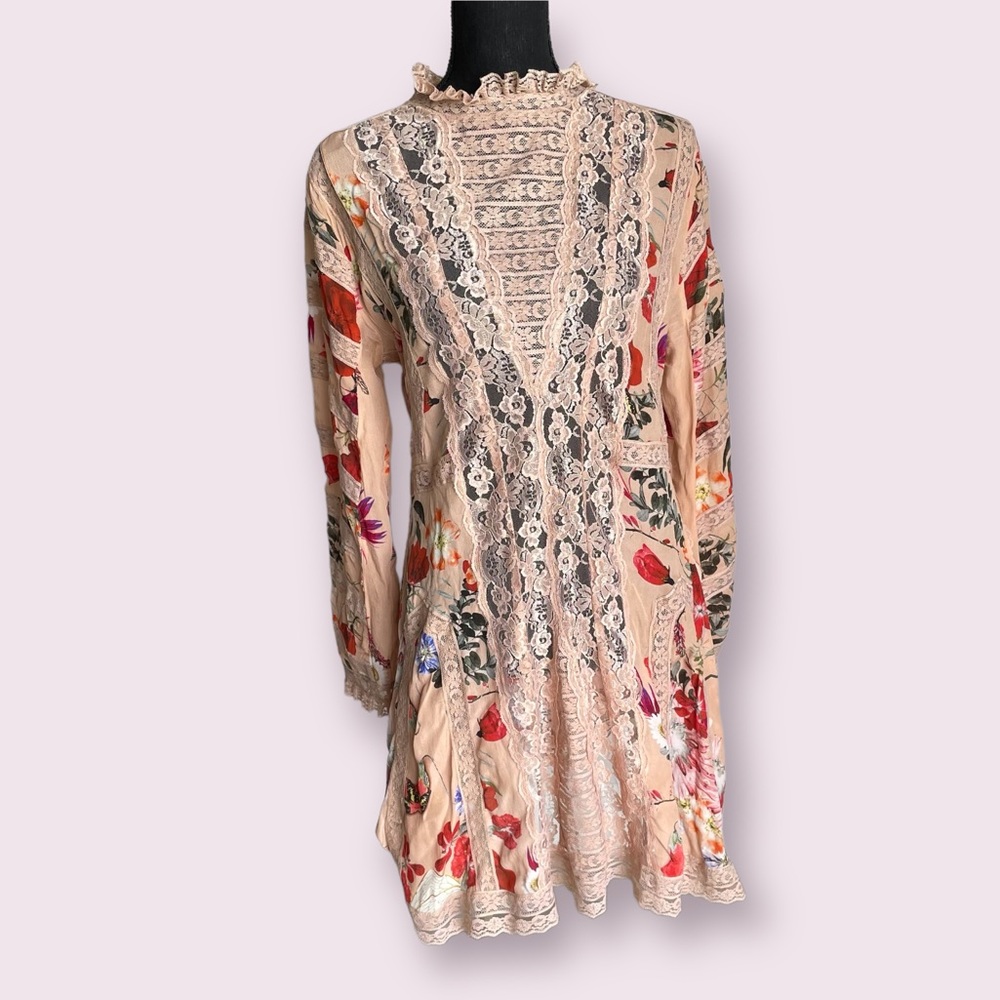 Anthropologie Beige Floral Lace Long-Sleeve Dress